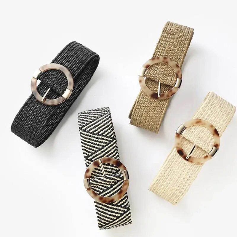 Ženski ležerni pojas s plastičnom kopčom Široki pojas u struku Pp Remeni od slame Boho pleteni remen oko struka s leopard okruglom kopčom