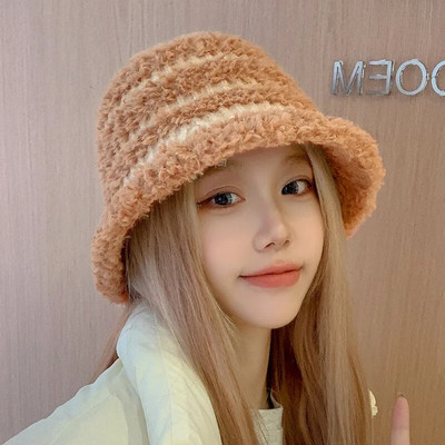 Jauna korejiešu plīša Panamas cepure Sieviešu kausa cepure Zvejnieka cepure sievietēm ziemas japāņu mīksta, pūkaina svītraina silta cepure sievietēm