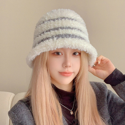 Jauna korejiešu plīša Panamas cepure Sieviešu kausa cepure Zvejnieka cepure sievietēm ziemas japāņu mīksta, pūkaina svītraina silta cepure sievietēm