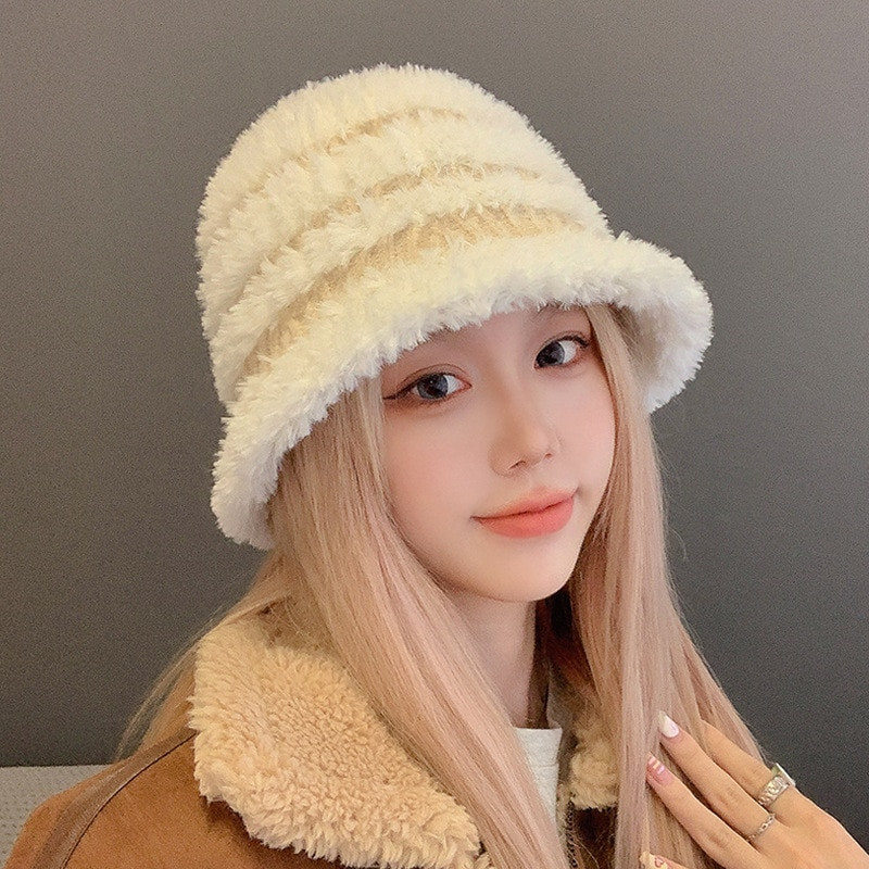 Jauna korejiešu plīša Panamas cepure Sieviešu kausa cepure Zvejnieka cepure sievietēm ziemas japāņu mīksta, pūkaina svītraina silta cepure sievietēm