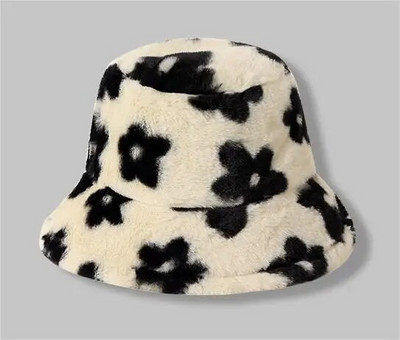 Pălărie de găleată caldă de iarnă pentru femei, cu flori de pluș, bonetă de pescar, șapci Panama din catifea moale, pălării pufoase din lână în aer liber