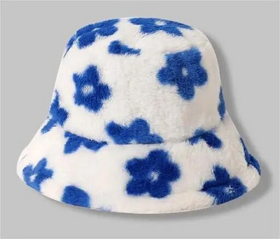 Pălărie de găleată caldă de iarnă pentru femei, cu flori de pluș, bonetă de pescar, șapci Panama din catifea moale, pălării pufoase din lână în aer liber