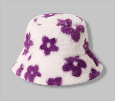 Pălărie de găleată caldă de iarnă pentru femei, cu flori de pluș, bonetă de pescar, șapci Panama din catifea moale, pălării pufoase din lână în aer liber