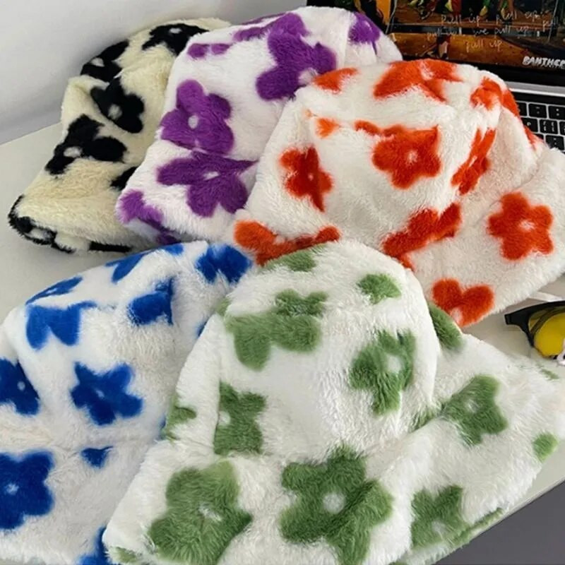 Pălărie de găleată caldă de iarnă pentru femei, cu flori de pluș, bonetă de pescar, șapci Panama din catifea moale, pălării pufoase din lână în aer liber