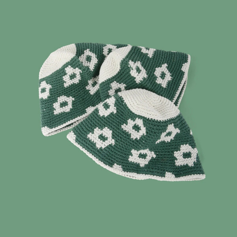 Jauni zaļi ziedu pārsegi sievietēm, rokām darinātas tamborētas trikotāžas pupiņas meitenēm sezonas japāņu ielu kausa cepure Bob vāciņš