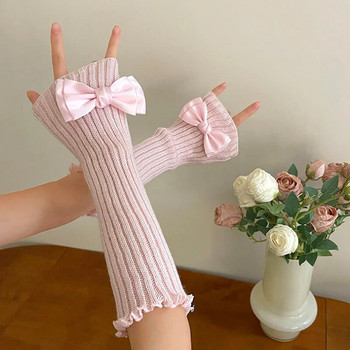 Μόδα γυναικεία πλεκτά γάντια παπιγιόν χωρίς δάχτυλα Lolita βραχίονα μανίκι ροζ κορίτσι Gothic Keep πιο ζεστά μακριά γάντια Kawaii Αξεσουάρ