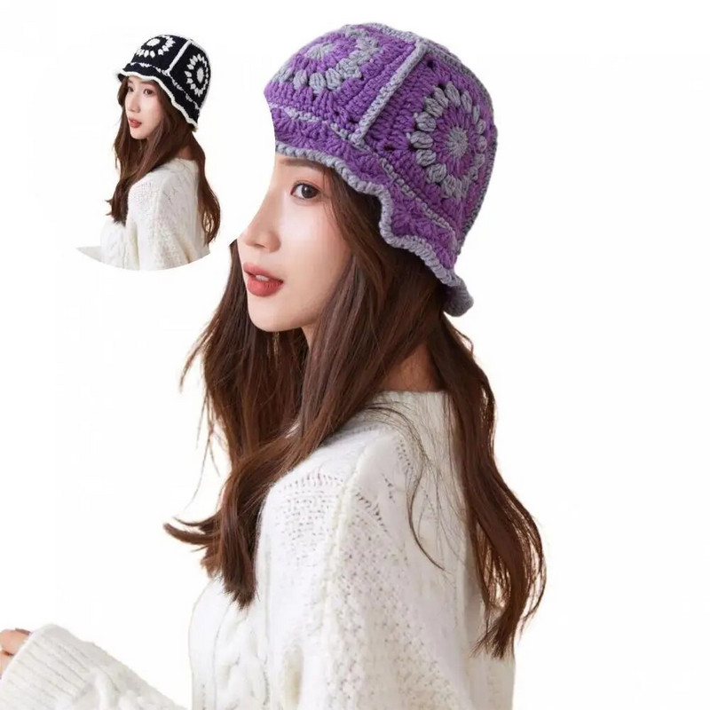 Unikāls sieviešu tamborēšanas adīšanas ziedu raksts Trikotāžas kausa cepures aksesuāri Adīta kausa cepure, salokāma ikdienai