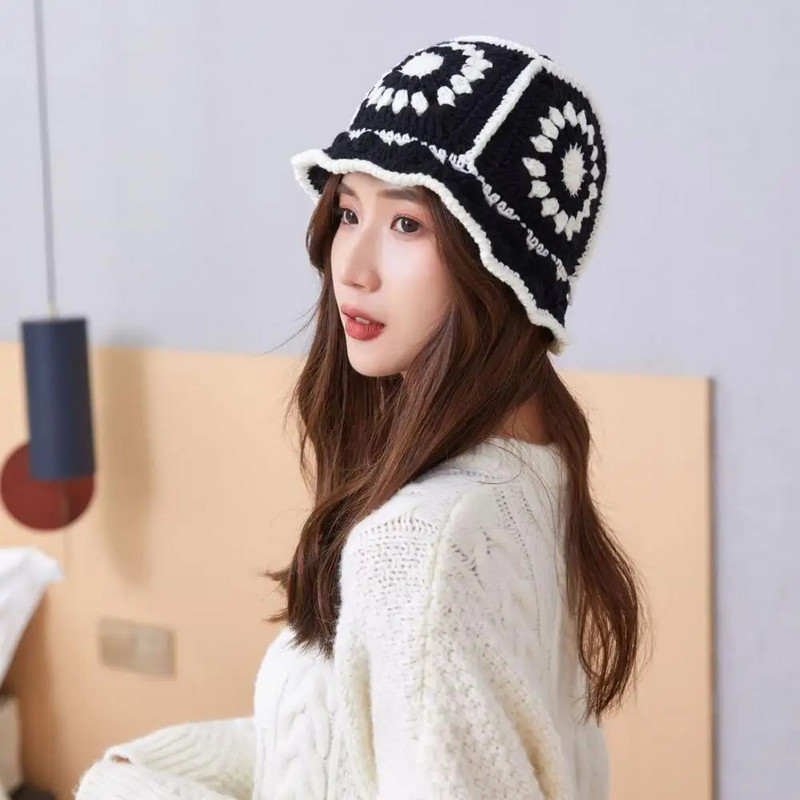 Unikāls sieviešu tamborēšanas adīšanas ziedu raksts Trikotāžas kausa cepures aksesuāri Adīta kausa cepure, salokāma ikdienai