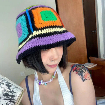 2023 ΝΕΑ Γυναικεία Χειροποίητα Καπέλα με κουβά με βελονάκι Y2k Μόδα καλοκαιρινό καπέλο παραλίας Κορεάτικο πλεκτό καπέλο κούφιο
