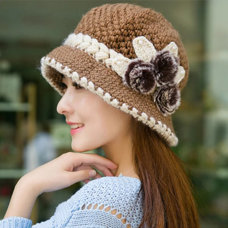 Žene Dame Zimske Tople ležerne kape Ženske prekrasne vunene heklane pletene cvijeće Ukrašene uši Šeširi Bonet Femme