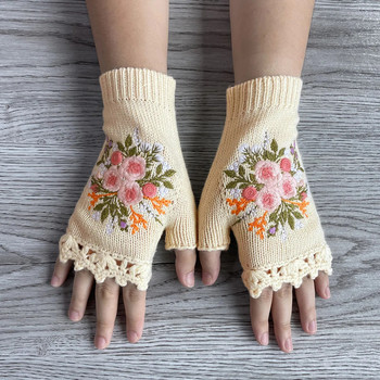 Сладки бродирани ръчно изработени плетени ръкавици Дамски есенни зимни ръкавици Ежедневни ръкавици с половин пръст Офис на открито Топли женски ръкавици