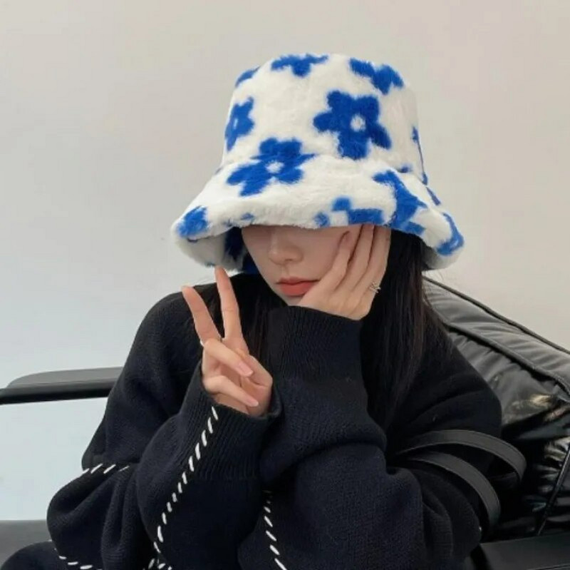 2023 plüss virág vödör sapka lány aranyos tehén mintás színes kalapok puha vastag halász sapka tél meleg szélálló hidegálló