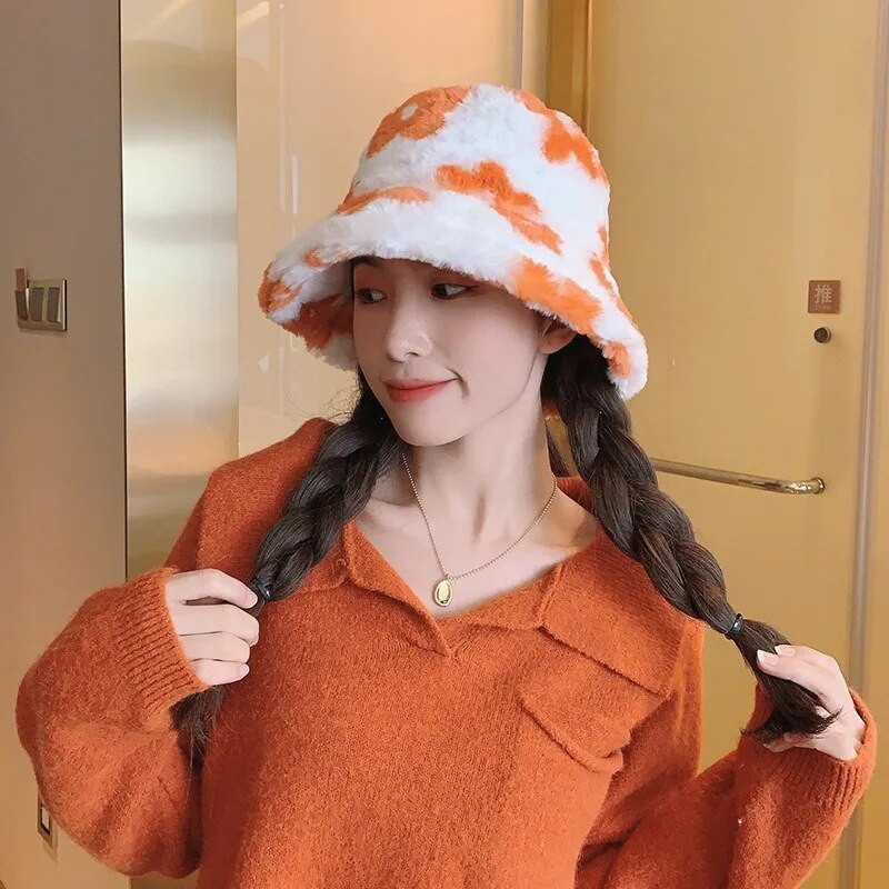 2023 plüss virág vödör sapka lány aranyos tehén mintás színes kalapok puha vastag halász sapka tél meleg szélálló hidegálló