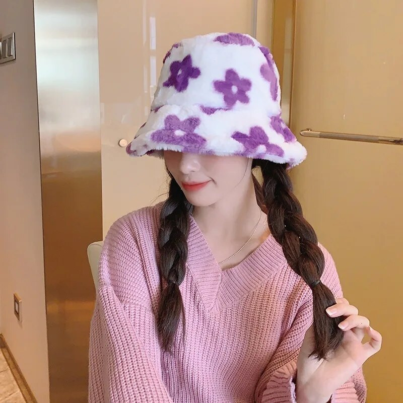 2023 plüss virág vödör sapka lány aranyos tehén mintás színes kalapok puha vastag halász sapka tél meleg szélálló hidegálló