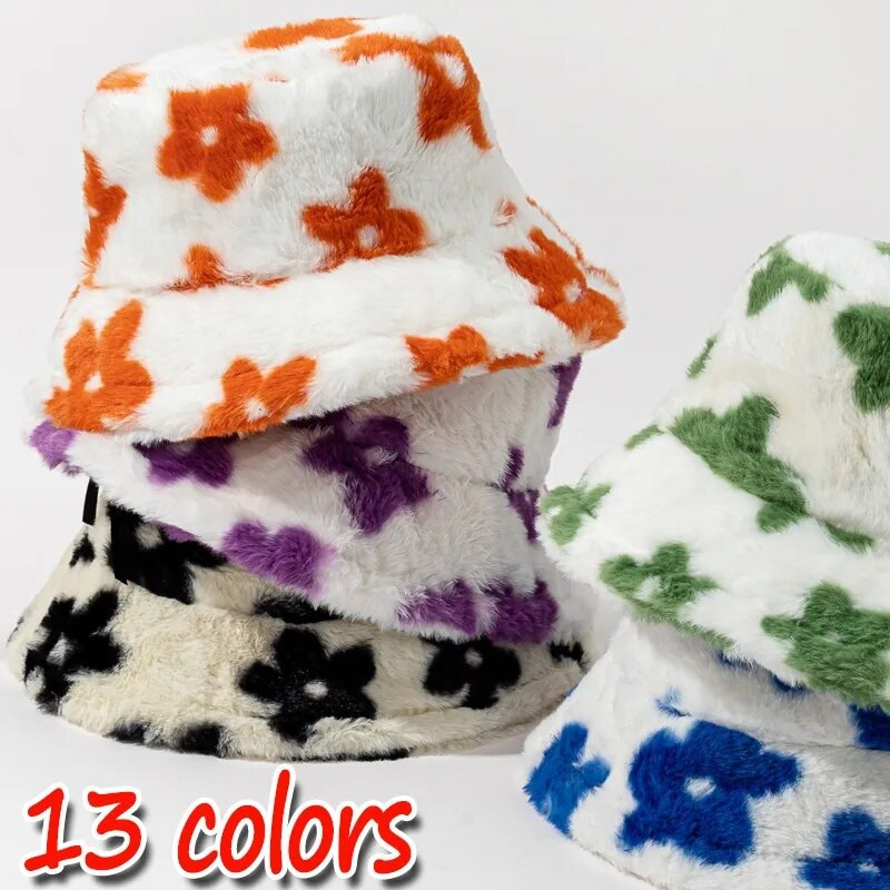 2023 plüss virág vödör sapka lány aranyos tehén mintás színes kalapok puha vastag halász sapka tél meleg szélálló hidegálló