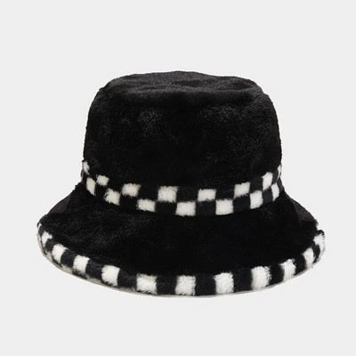 Karirani šešir od umjetnog krzna, zimska kapa za žene, muškarce, tople pahuljaste ribarske kape na otvorenom, panama bob