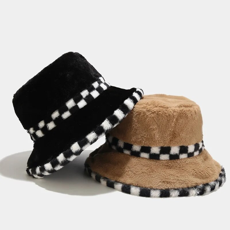 Karirani šešir od umjetnog krzna, zimska kapa za žene, muškarce, tople pahuljaste ribarske kape na otvorenom, panama bob