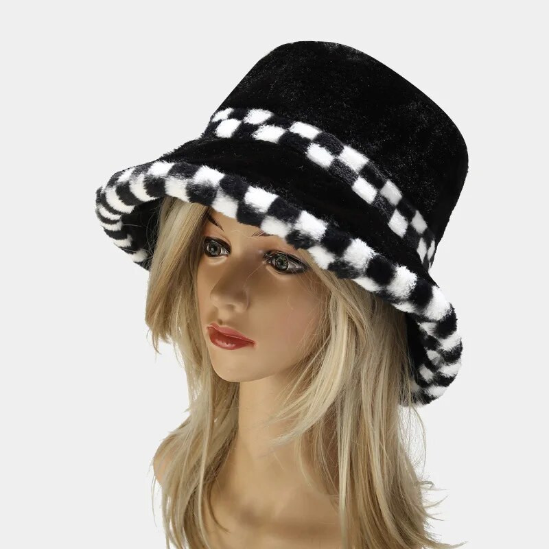 Karirani šešir od umjetnog krzna, zimska kapa za žene, muškarce, tople pahuljaste ribarske kape na otvorenom, panama bob