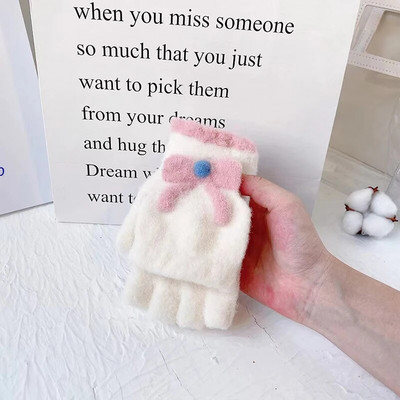 Ūdeles kažokādas apgriežami cimdi bez pirkstiem multfilmas bantīte, mīļa sieviešu adīšana, vilna, puspirksta cimdi, studenti Kawaii meitenei ziemas dūraiņi T159