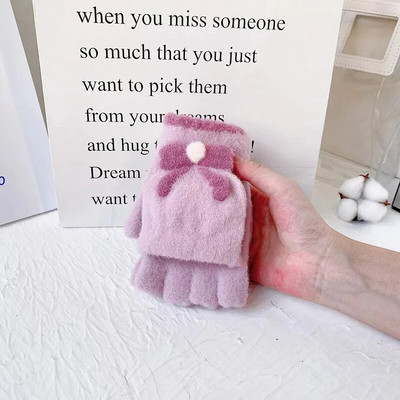 Ūdeles kažokādas apgriežami cimdi bez pirkstiem multfilmas bantīte, mīļa sieviešu adīšana, vilna, puspirksta cimdi, studenti Kawaii meitenei ziemas dūraiņi T159