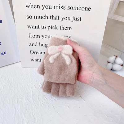 Ūdeles kažokādas apgriežami cimdi bez pirkstiem multfilmas bantīte, mīļa sieviešu adīšana, vilna, puspirksta cimdi, studenti Kawaii meitenei ziemas dūraiņi T159