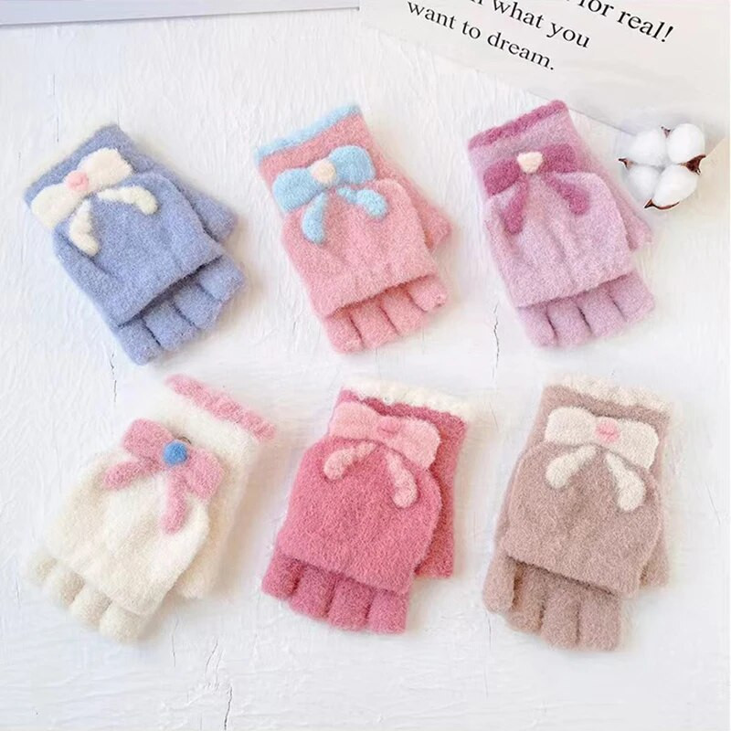 Ūdeles kažokādas apgriežami cimdi bez pirkstiem multfilmas bantīte, mīļa sieviešu adīšana, vilna, puspirksta cimdi, studenti Kawaii meitenei ziemas dūraiņi T159