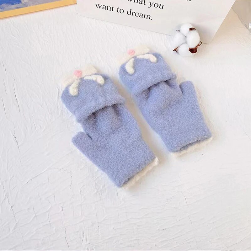 Ūdeles kažokādas apgriežami cimdi bez pirkstiem multfilmas bantīte, mīļa sieviešu adīšana, vilna, puspirksta cimdi, studenti Kawaii meitenei ziemas dūraiņi T159