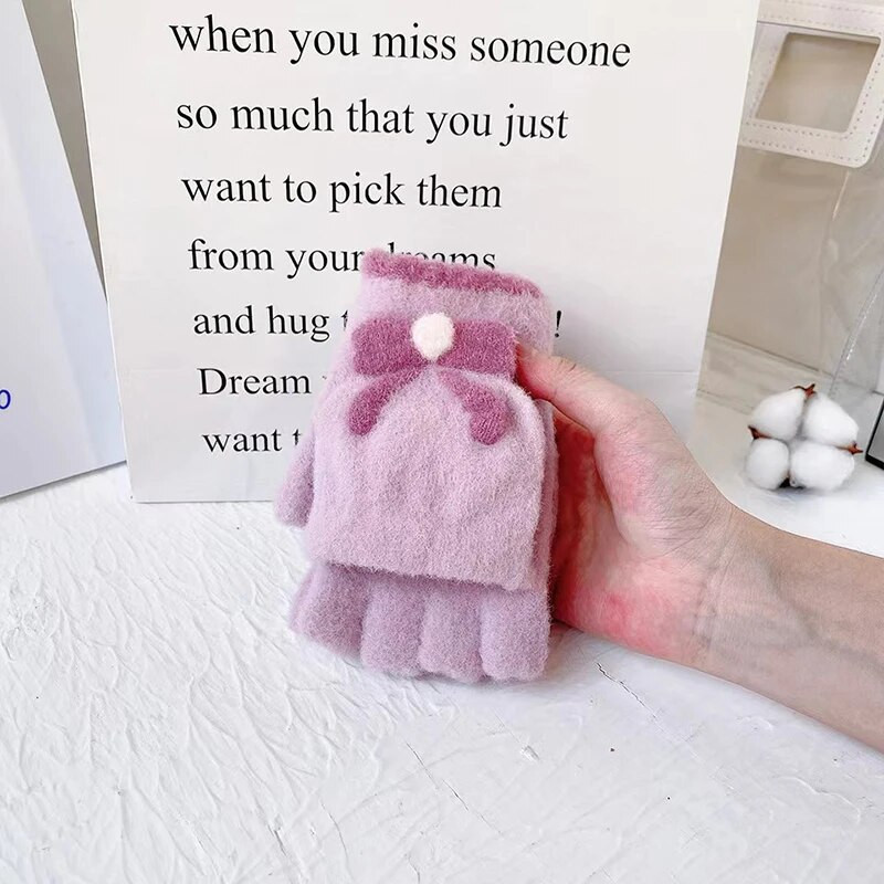 Ūdeles kažokādas apgriežami cimdi bez pirkstiem multfilmas bantīte, mīļa sieviešu adīšana, vilna, puspirksta cimdi, studenti Kawaii meitenei ziemas dūraiņi T159