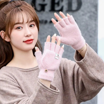 Зимни дамски ръкавици с палене на пръсти Студентски, сладко момиче, анимационни топли, удобни, меки, стилни, дебели ръкавици за плетене T148