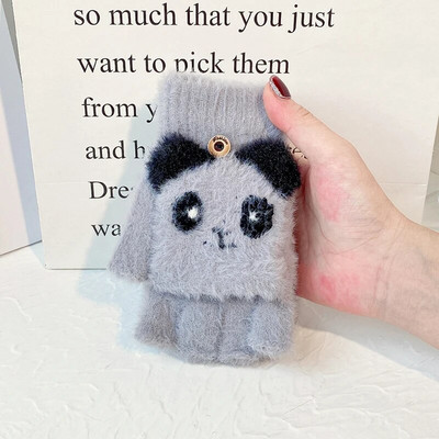 Imitacija Mink Velvet Kietos Pirštinės Žieminės Moteriškos Pirštinės su puse piršto Atverčiamos animacinio filmo šiltos pirštinės Patogios Minkštos Stilingos T158