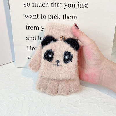 Imitacija Mink Velvet Kietos Pirštinės Žieminės Moteriškos Pirštinės su puse piršto Atverčiamos animacinio filmo šiltos pirštinės Patogios Minkštos Stilingos T158