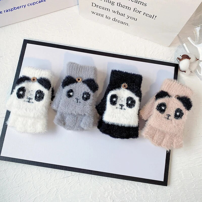 Imitacija Mink Velvet Kietos Pirštinės Žieminės Moteriškos Pirštinės su puse piršto Atverčiamos animacinio filmo šiltos pirštinės Patogios Minkštos Stilingos T158