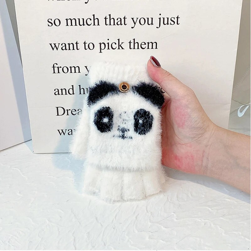 Imitacija Mink Velvet Kietos Pirštinės Žieminės Moteriškos Pirštinės su puse piršto Atverčiamos animacinio filmo šiltos pirštinės Patogios Minkštos Stilingos T158