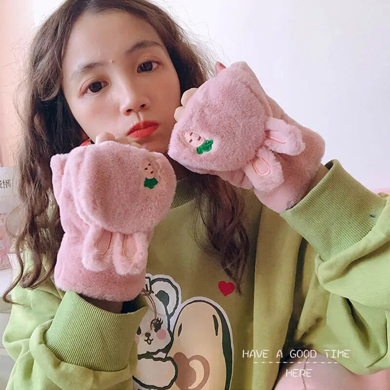 Γυναικεία γάντια κινουμένων σχεδίων Μόδα Κορίτσια Plus Βελούδινα Πυκνωτικά Γάντια Ζεστά μαλακά χωρίς δάχτυλα Κάλυμμα με μισό δάχτυλο χειμερινά γάντια T54