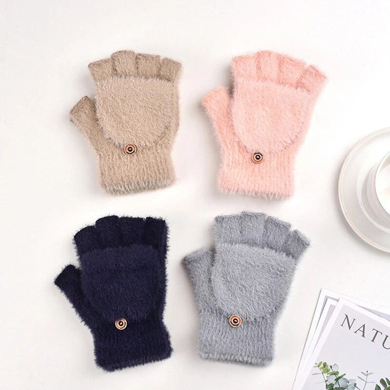 Ziemas sieviešu imitācijas ūdeles pārvalka cimds āra biezi silti, īsi dūraiņi plīša puspirksta trikotāžas vienkrāsains cimds T177