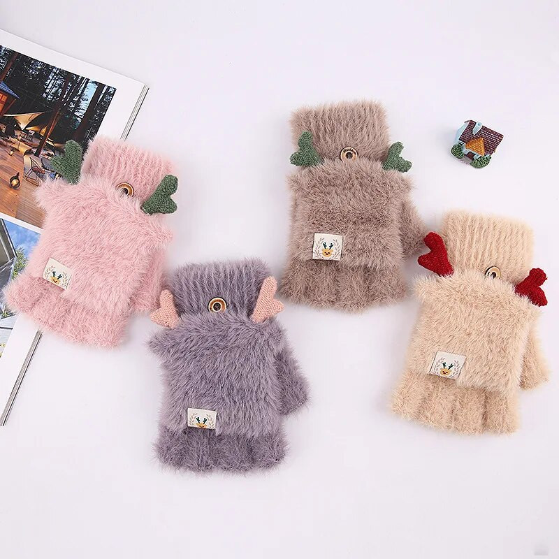 Imitacija nerca Crtani rogovi Pletene rukavice Ženske preklopne rukavice na pola prsta Božićni dar Zimska studentska topla rukavica T51