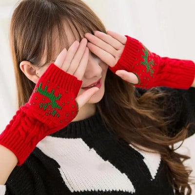 Χριστουγεννιάτικα γάντια Elk Γυναικεία γάντια πλεξίματος με μισό δάχτυλο Χειμερινό ζεστό χεριών Γυναικείο μπράτσο κροσέ ψεύτικο μαλλί χωρίς δάχτυλα T76