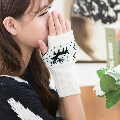 Χριστουγεννιάτικα γάντια Elk Γυναικεία γάντια πλεξίματος με μισό δάχτυλο Χειμερινό ζεστό χεριών Γυναικείο μπράτσο κροσέ ψεύτικο μαλλί χωρίς δάχτυλα T76