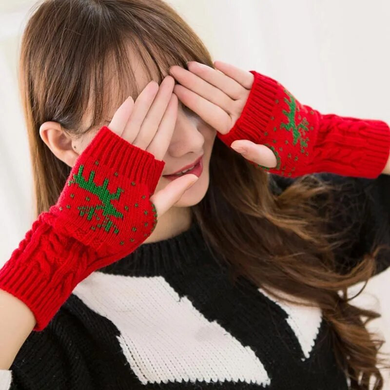 Χριστουγεννιάτικα γάντια Elk Γυναικεία γάντια πλεξίματος με μισό δάχτυλο Χειμερινό ζεστό χεριών Γυναικείο μπράτσο κροσέ ψεύτικο μαλλί χωρίς δάχτυλα T76