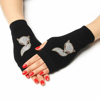 1 чифт ръкавици без пръсти със страз Симпатични анимационни животни Модел Жени Мъже Черни плетени половин пръст Готически топли зимни ръкавици