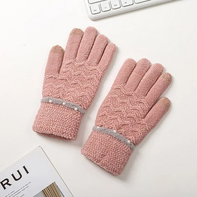 Ziemas trikotāžas cimdi sievietēm Biezi silti cimdi Sieviešu Pērļu Dekorācija Skārienekrāns Pilns pirksti Rokas dūraiņi Sieviešu Guantes