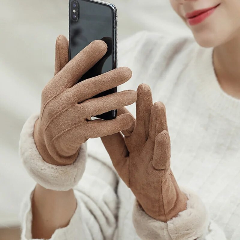 Sieviešu cimdi ziemas skārienekrāns Sieviešu zamšādas pūkaini silti, pilni pirksti cimdi Sieviešu ziemas āra sporta braukšanas cimdi