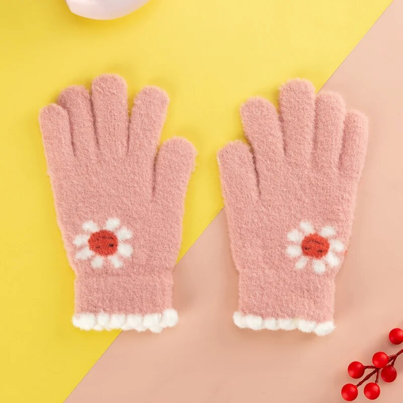 Ziemas trikotāžas meiteņu cimdi ūdeles kažokādas Biezas siltas skārienekrāna saulespuķu sieviešu cimdi