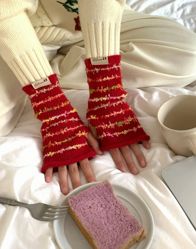 Krāsaini svītru cimdi Sieviešu ziemas cimdi Adīti piedurkņu cimdi Ziemas meitene Studentu vienkrāsaini trikotāžas cimdi sievietēm