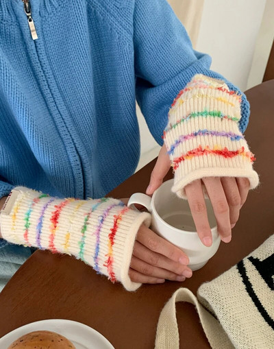 Krāsaini svītru cimdi Sieviešu ziemas cimdi Adīti piedurkņu cimdi Ziemas meitene Studentu vienkrāsaini trikotāžas cimdi sievietēm