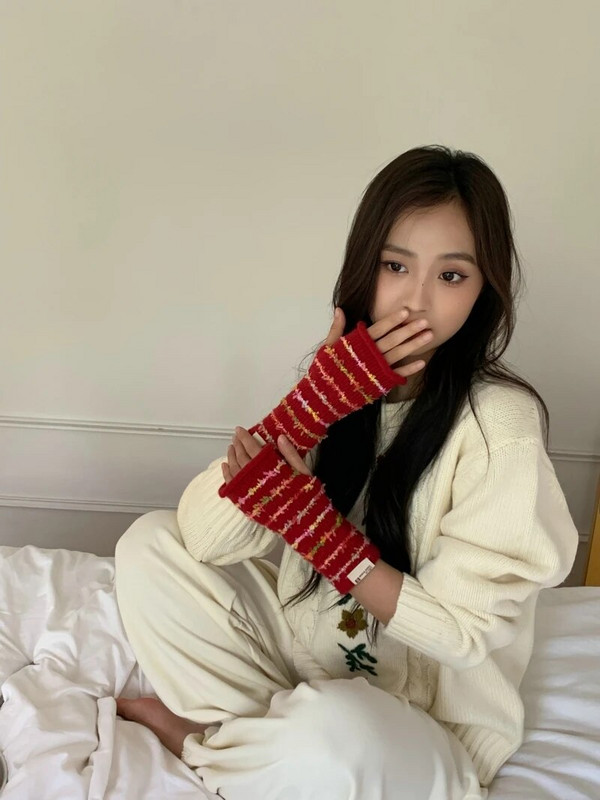 Krāsaini svītru cimdi Sieviešu ziemas cimdi Adīti piedurkņu cimdi Ziemas meitene Studentu vienkrāsaini trikotāžas cimdi sievietēm