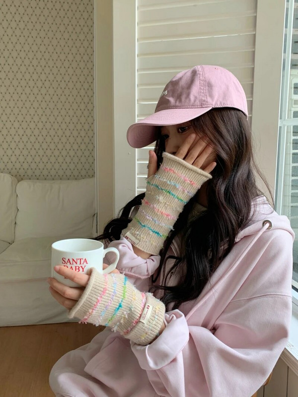 Krāsaini svītru cimdi Sieviešu ziemas cimdi Adīti piedurkņu cimdi Ziemas meitene Studentu vienkrāsaini trikotāžas cimdi sievietēm