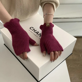 Едноцветни топли ръкавици с половин пръст Плътни жакардови ръкавици без пръсти Плетени зимни ръкавици Ръкавици без пръсти за жени