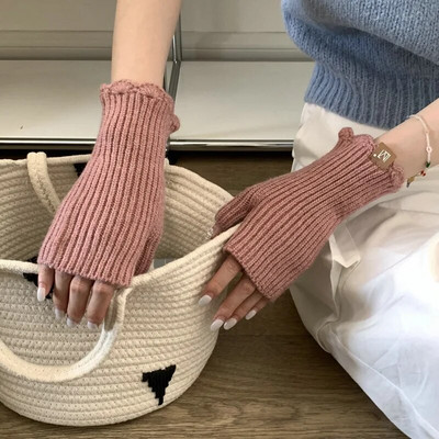 Vienkrāsaini silti puspirkstu cimdi Vienkrāsaini žakarda cimdi bez pirkstiem adīti ziemas cimdi bez pirkstiem sievietēm