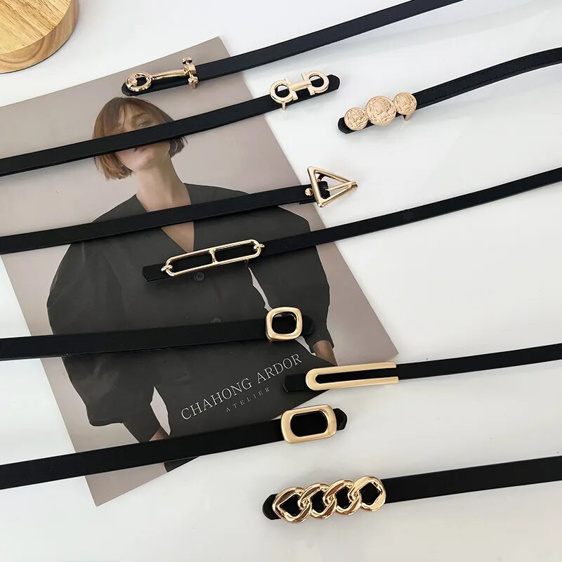 Ženske traperice, modni svestrani smeđi tanki remen oko struka, vintage crna legirana kopča, ukrasni pojas, odjevni dodaci